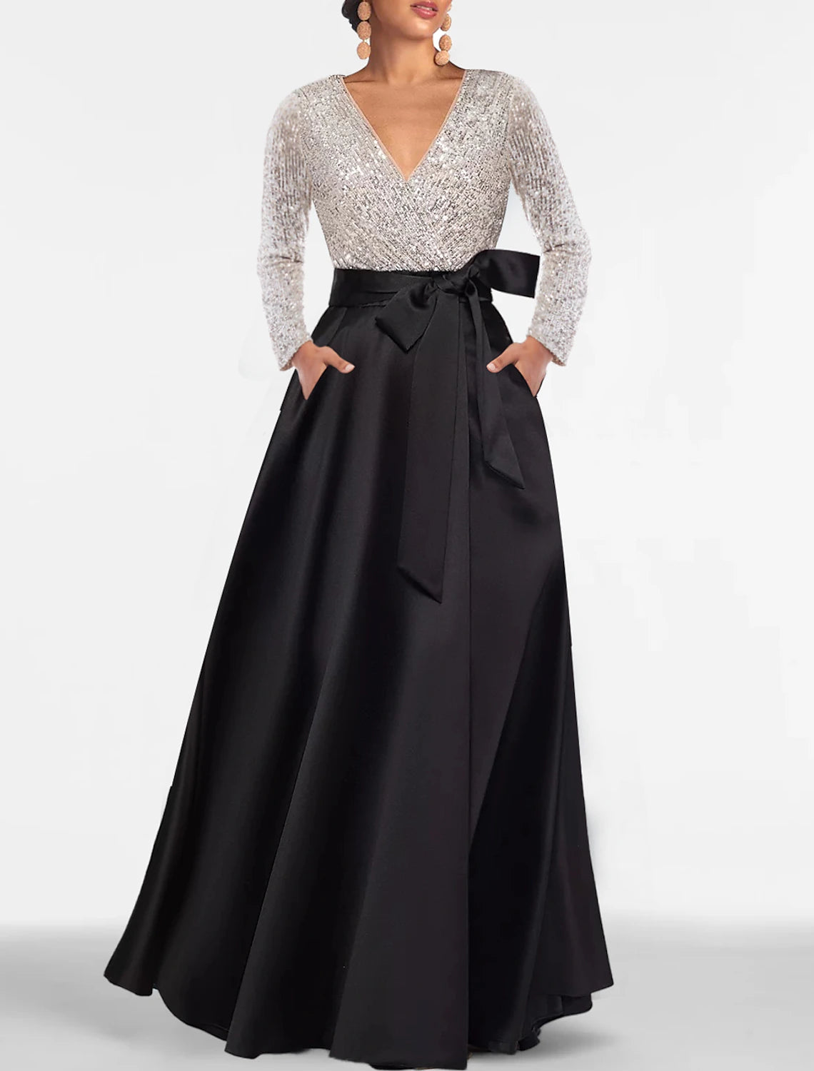 Wholesale A-Line Evening Gown Black Dress Plus Size Color Block Dress Formal Floor Length Long Sleeve V Neck Fall Wedding Guest Satin with Sequin Pocket